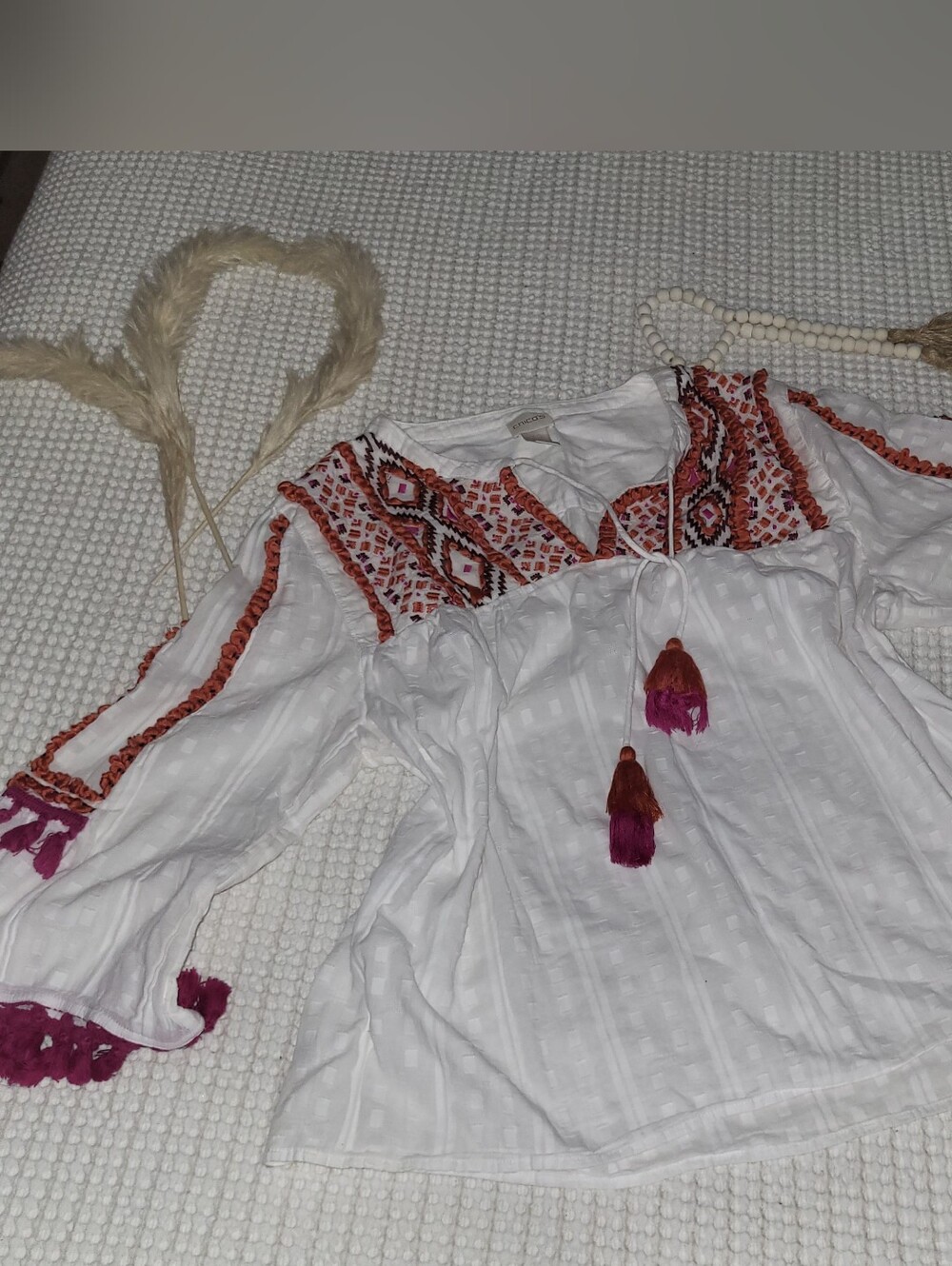 Chico's Boho Tassel Bell 3/4 Sleeve 100 % Cotton White Top Textured Blouse 3P